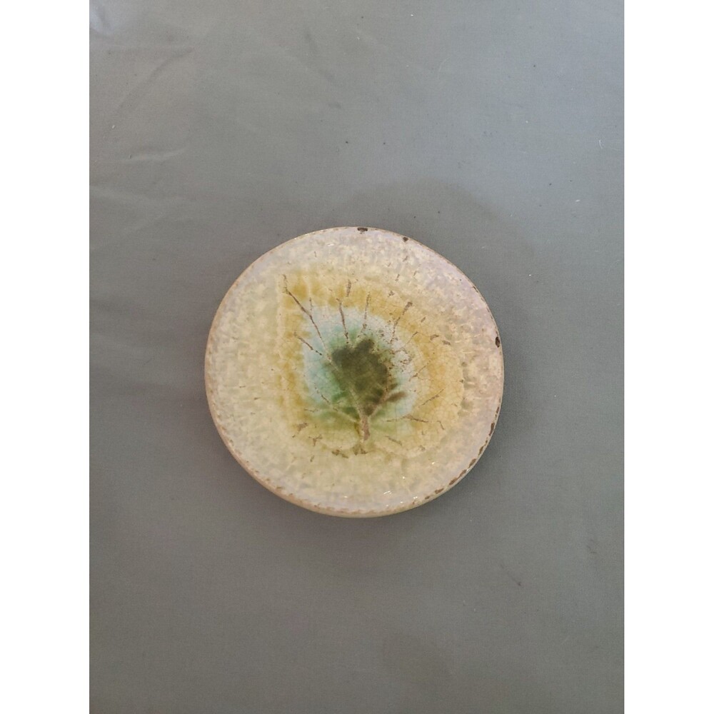 Antique Majolica Butter Pat Yellow Green White & Blue Leaf